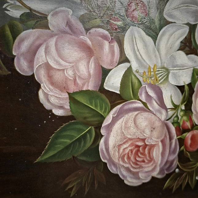 Antique Danish Floral Still Life Oil Painting, Peonies and Lilies on Dark Background, Gold Framed Wall Decor, Original European Fine Art