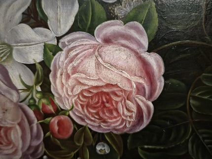 Antique Danish Floral Still Life Oil Painting, Peonies and Lilies on Dark Background, Gold Framed Wall Decor, Original European Fine Art