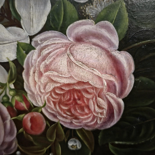 Antique Danish Floral Still Life Oil Painting, Peonies and Lilies on Dark Background, Gold Framed Wall Decor, Original European Fine Art