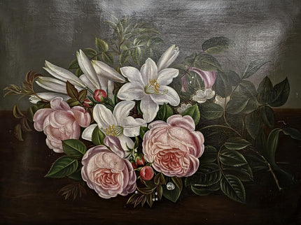Antique Danish Floral Still Life Oil Painting, Peonies and Lilies on Dark Background, Gold Framed Wall Decor, Original European Fine Art