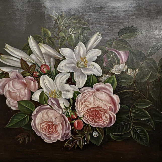 Antique Danish Floral Still Life Oil Painting, Peonies and Lilies on Dark Background, Gold Framed Wall Decor, Original European Fine Art
