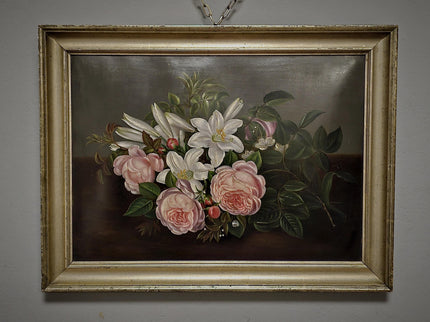 Antique Danish Floral Still Life Oil Painting, Peonies and Lilies on Dark Background, Gold Framed Wall Decor, Original European Fine Art