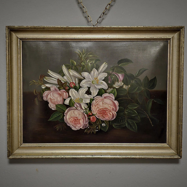 Antique Danish Floral Still Life Oil Painting, Peonies and Lilies on Dark Background, Gold Framed Wall Decor, Original European Fine Art