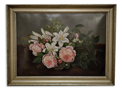 Antique Danish Floral Still Life Oil Painting, Peonies and Lilies on Dark Background, Gold Framed Wall Decor, Original European Fine Art