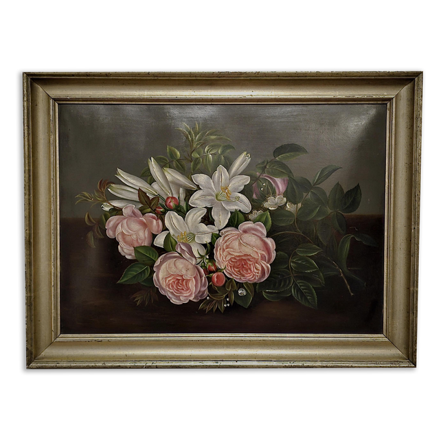 Antique Danish Floral Still Life Oil Painting, Peonies and Lilies on Dark Background, Gold Framed Wall Decor, Original European Fine Art