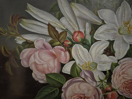Antique Danish Floral Still Life Oil Painting, Peonies and Lilies on Dark Background, Gold Framed Wall Decor, Original European Fine Art