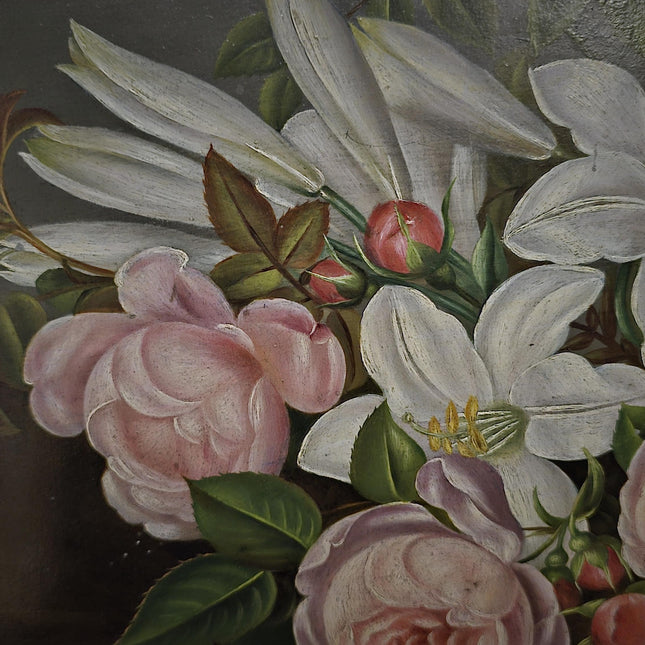 Antique Danish Floral Still Life Oil Painting, Peonies and Lilies on Dark Background, Gold Framed Wall Decor, Original European Fine Art