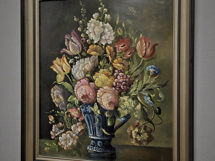 Antique Dutch Floral Still Life Oil Painting, Signed Flower Bouquet in Faience Vase, Gold Framed Wall Decor, Original European Fine Art