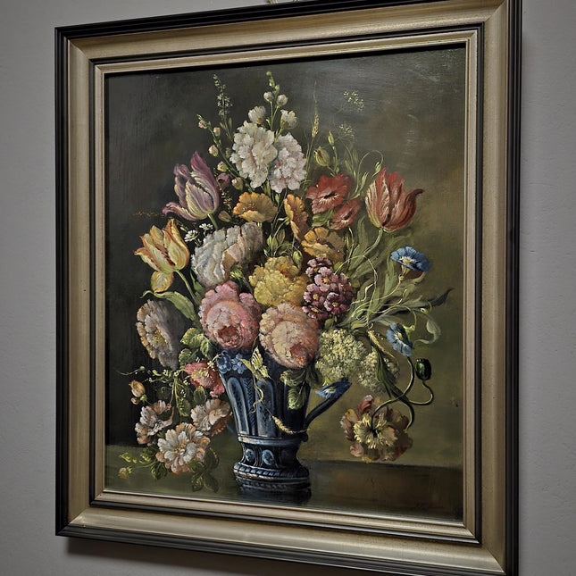 Antique Dutch Floral Still Life Oil Painting, Signed Flower Bouquet in Faience Vase, Gold Framed Wall Decor, Original European Fine Art