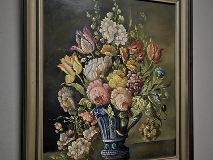 Antique Dutch Floral Still Life Oil Painting, Signed Flower Bouquet in Faience Vase, Gold Framed Wall Decor, Original European Fine Art