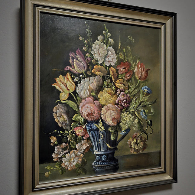 Antique Dutch Floral Still Life Oil Painting, Signed Flower Bouquet in Faience Vase, Gold Framed Wall Decor, Original European Fine Art