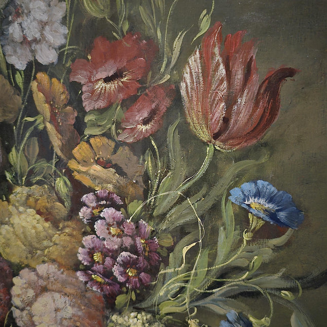 Antique Dutch Floral Still Life Oil Painting, Signed Flower Bouquet in Faience Vase, Gold Framed Wall Decor, Original European Fine Art