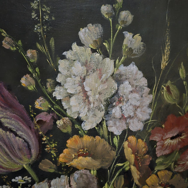 Antique Dutch Floral Still Life Oil Painting, Signed Flower Bouquet in Faience Vase, Gold Framed Wall Decor, Original European Fine Art