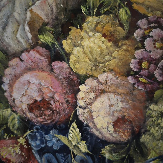 Antique Dutch Floral Still Life Oil Painting, Signed Flower Bouquet in Faience Vase, Gold Framed Wall Decor, Original European Fine Art