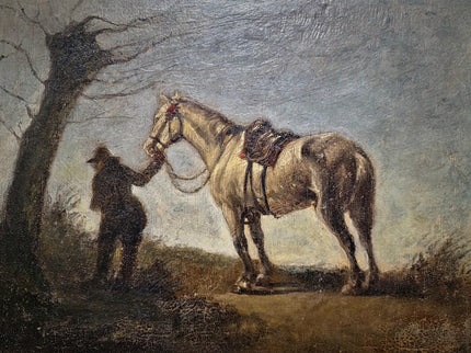Antique French Oil Painting Horse Scene with Figure, Rural Animal Artwork, Rustic Wall Art, Equestrian Decor, Framed European Fine Piece