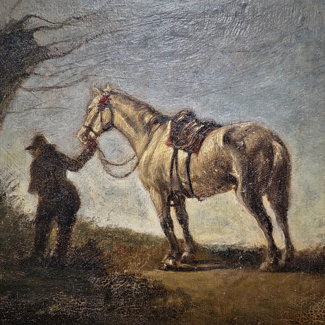Antique French Oil Painting Horse Scene with Figure, Rural Animal Artwork, Rustic Wall Art, Equestrian Decor, Framed European Fine Piece