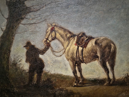 Antique French Oil Painting Horse Scene with Figure, Rural Animal Artwork, Rustic Wall Art, Equestrian Decor, Framed European Fine Piece