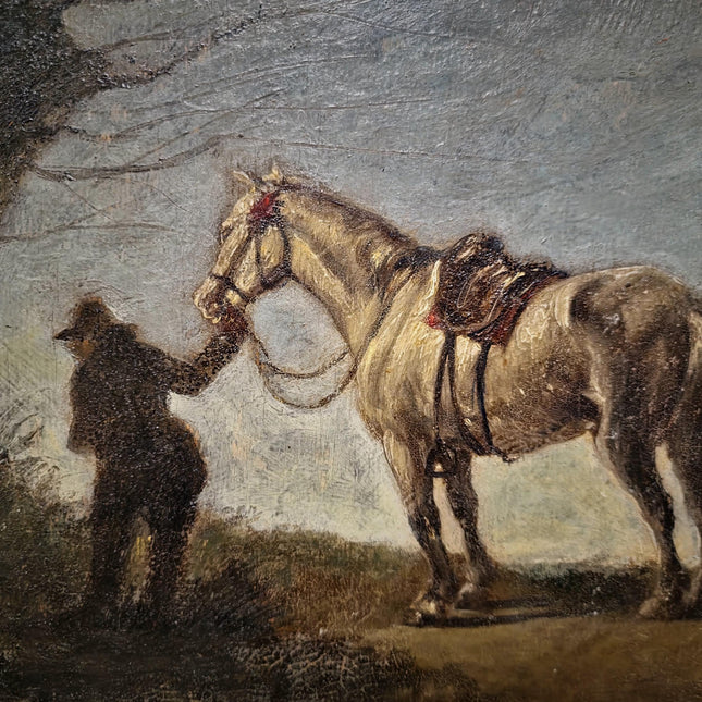 Antique French Oil Painting Horse Scene with Figure, Rural Animal Artwork, Rustic Wall Art, Equestrian Decor, Framed European Fine Piece