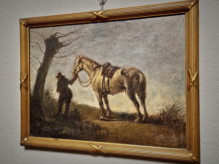 Antique French Oil Painting Horse Scene with Figure, Rural Animal Artwork, Rustic Wall Art, Equestrian Decor, Framed European Fine Piece