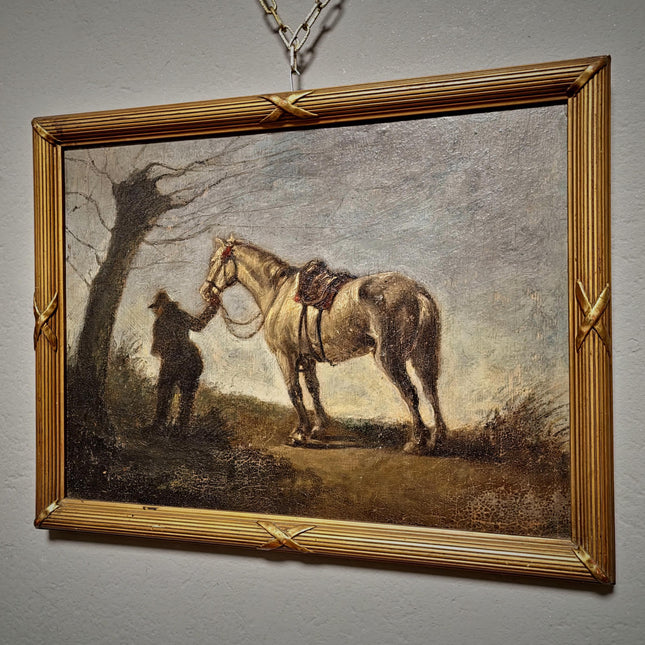 Antique French Oil Painting Horse Scene with Figure, Rural Animal Artwork, Rustic Wall Art, Equestrian Decor, Framed European Fine Piece