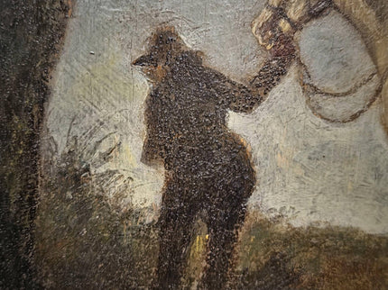 Antique French Oil Painting Horse Scene with Figure, Rural Animal Artwork, Rustic Wall Art, Equestrian Decor, Framed European Fine Piece