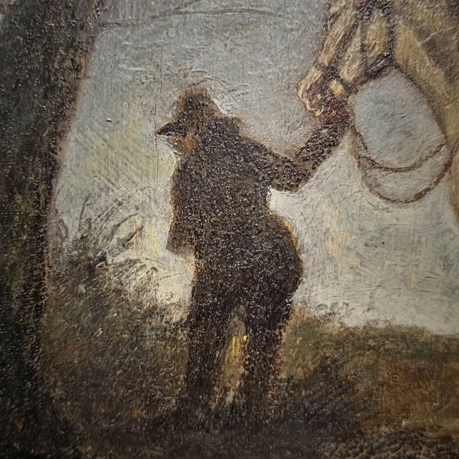 Antique French Oil Painting Horse Scene with Figure, Rural Animal Artwork, Rustic Wall Art, Equestrian Decor, Framed European Fine Piece