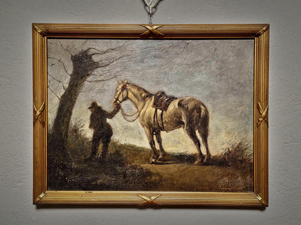 Antique French Oil Painting Horse Scene with Figure, Rural Animal Artwork, Rustic Wall Art, Equestrian Decor, Framed European Fine Piece