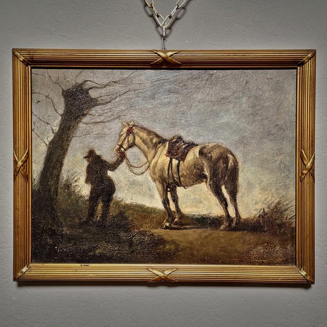 Antique French Oil Painting Horse Scene with Figure, Rural Animal Artwork, Rustic Wall Art, Equestrian Decor, Framed European Fine Piece