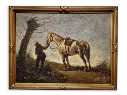 Antique French Oil Painting Horse Scene with Figure, Rural Animal Artwork, Rustic Wall Art, Equestrian Decor, Framed European Fine Piece
