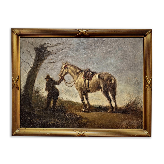 Antique French Oil Painting Horse Scene with Figure, Rural Animal Artwork, Rustic Wall Art, Equestrian Decor, Framed European Fine Piece