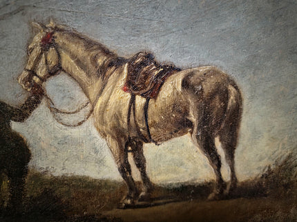 Antique French Oil Painting Horse Scene with Figure, Rural Animal Artwork, Rustic Wall Art, Equestrian Decor, Framed European Fine Piece