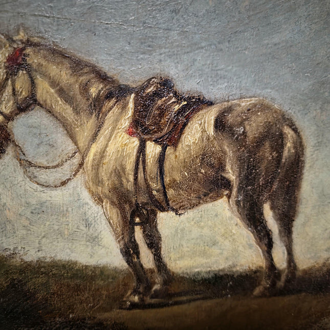 Antique French Oil Painting Horse Scene with Figure, Rural Animal Artwork, Rustic Wall Art, Equestrian Decor, Framed European Fine Piece
