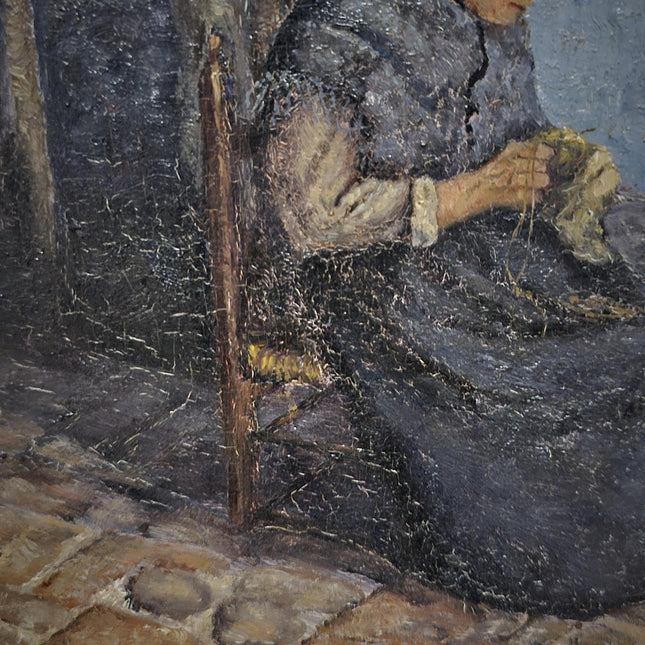 Antique Belgian Oil Painting, Interior Genre Scene, Woman Knitting by Fireplace, Signed Artwork, Ornate Wall Decor, Collectible Fine Art