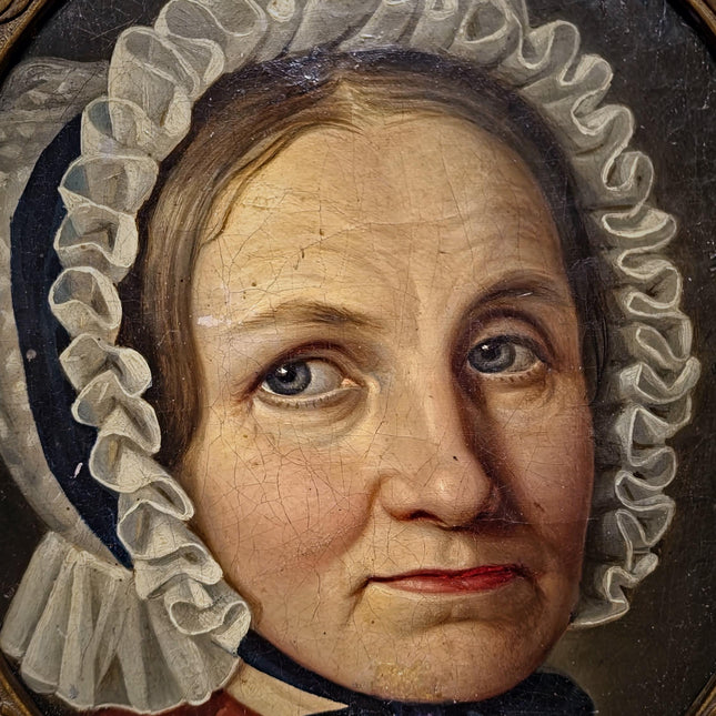 Antique German Biedermeier Portrait Painting, 19th Century Lady in Lace Bonnet, Oval Framed Oil, Bourgeois Interior Wall Art