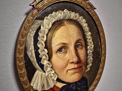 Antique German Biedermeier Portrait Painting, 19th Century Lady in Lace Bonnet, Oval Framed Oil, Bourgeois Interior Wall Art