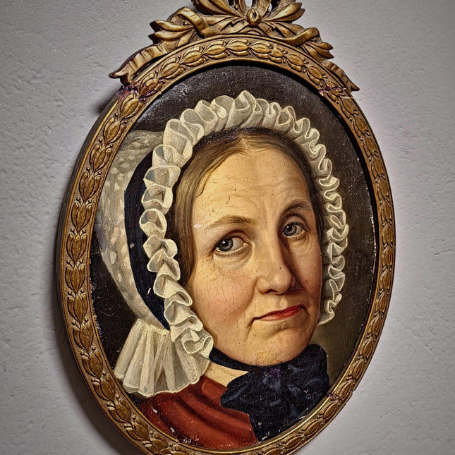 Antique German Biedermeier Portrait Painting, 19th Century Lady in Lace Bonnet, Oval Framed Oil, Bourgeois Interior Wall Art