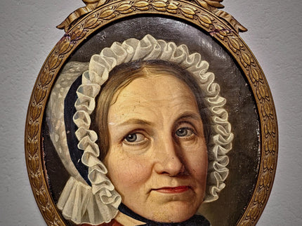 Antique German Biedermeier Portrait Painting, 19th Century Lady in Lace Bonnet, Oval Framed Oil, Bourgeois Interior Wall Art