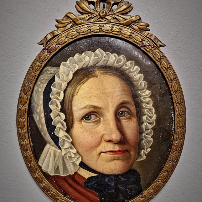 Antique German Biedermeier Portrait Painting, 19th Century Lady in Lace Bonnet, Oval Framed Oil, Bourgeois Interior Wall Art