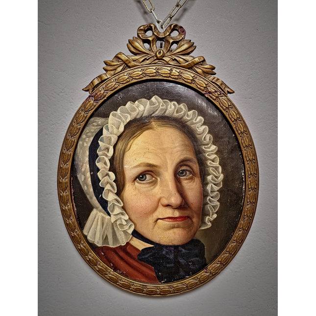 Antique German Biedermeier Portrait Painting, 19th Century Lady in Lace Bonnet, Oval Framed Oil, Bourgeois Interior Wall Art