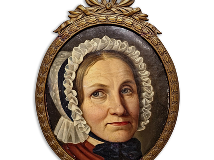 Antique German Biedermeier Portrait Painting, 19th Century Lady in Lace Bonnet, Oval Framed Oil, Bourgeois Interior Wall Art