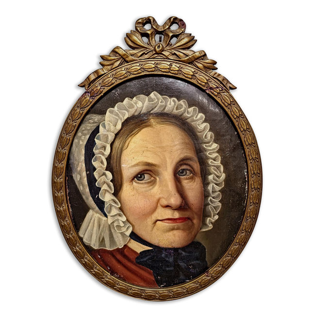 Antique German Biedermeier Portrait Painting, 19th Century Lady in Lace Bonnet, Oval Framed Oil, Bourgeois Interior Wall Art