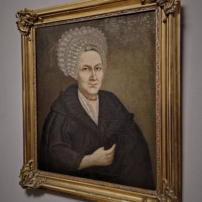 Large Antique Lady Oil Portrait 18th Century Baroque Painting Bourgeois Woman Museum Quality Original Artwork Gold Framed Historic Wall Art