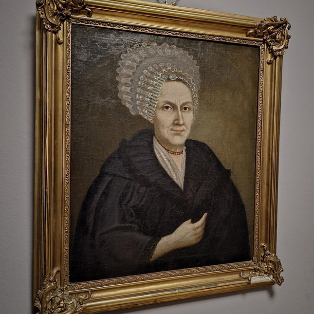 Large Antique Lady Oil Portrait 18th Century Baroque Painting Bourgeois Woman Museum Quality Original Artwork Gold Framed Historic Wall Art