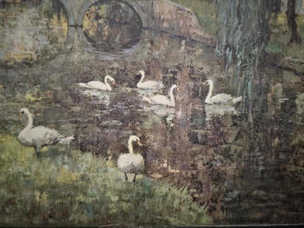 Antique Belgian Watercolor Bruges Canal Scene, Signed Flanders Cityscape, Swans and Stone Bridge, Framed European Wall Art, Original Artwork