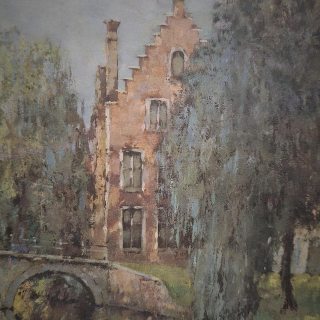 Antique Belgian Watercolor Bruges Canal Scene, Signed Flanders Cityscape, Swans and Stone Bridge, Framed European Wall Art, Original Artwork