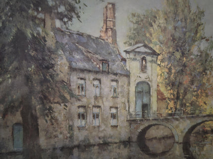 Antique Belgian Watercolor Bruges Canal Scene, Signed Flanders Cityscape, Swans and Stone Bridge, Framed European Wall Art, Original Artwork