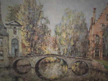 Antique Belgian Watercolor Bruges Canal Scene, Signed Flanders Cityscape, Swans and Stone Bridge, Framed European Wall Art, Original Artwork