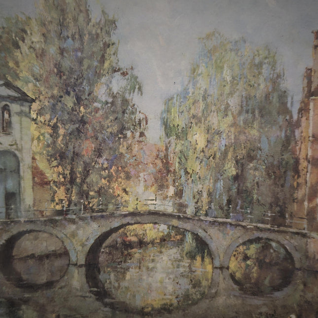 Antique Belgian Watercolor Bruges Canal Scene, Signed Flanders Cityscape, Swans and Stone Bridge, Framed European Wall Art, Original Artwork