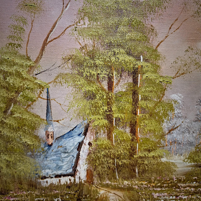 Vintage Belgian Oil Painting, Signed Woodland Landscape, Framed Rustic Wall Decor, Forest Cottage Scene, Original European Artwork