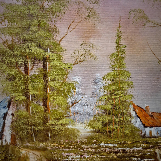 Vintage Belgian Oil Painting, Signed Woodland Landscape, Framed Rustic Wall Decor, Forest Cottage Scene, Original European Artwork